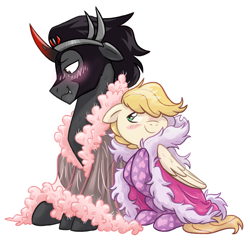 Size: 4493x4309 | Tagged: safe, artist:virtualkidavenue, derpibooru import, king sombra, oc, oc:exist, griffequus, original species, pony, unicorn, canon x oc, cape, clothes, feather, fluffy, gay, male, robe, socks, wings