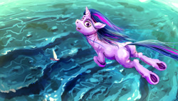 Size: 3235x1855 | Tagged: safe, artist:sharpieboss, derpibooru import, twilight sparkle, boat, falling, floppy ears, looking at you, looking back, ocean, plot, ship, smiling, solo, underhoof, water