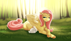 Size: 1200x699 | Tagged: safe, artist:owlette, angel bunny, fluttershy, pegasus, pony, female, mare, solo