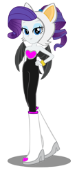 Size: 1168x2597 | Tagged: safe, artist:trungtranhaitrung, rarity, equestria girls, alternate hairstyle, bare shoulders, boots, clothes, cosplay, costume, crossover, female, lidded eyes, looking at you, rouge the bat, shoes, simple background, sleeveless, smiling, solo, sonic the hedgehog (series), strapless