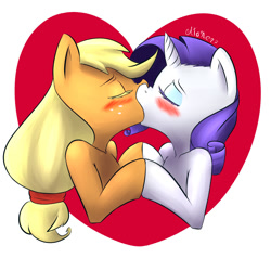 Size: 1200x1200 | Tagged: safe, artist:atane27, applejack, rarity, earth pony, pony, unicorn, blushing, colored eyelashes, female, heart, holding hooves, kissing, lesbian, rarijack, shipping