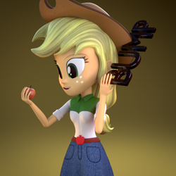 Size: 1000x1000 | Tagged: safe, artist:3d thread, artist:creatorofpony, applejack, equestria girls, /mlp/, 3d, 3d model, apple, blender, bump, clothes, happy, hat, shirt, skirt, solo, toss