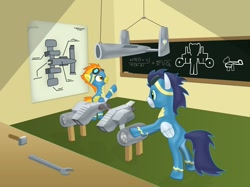 Size: 1280x956 | Tagged: safe, artist:gigasparkle, derpibooru import, soarin', spitfire, aircraft, building, chalkboard, jet, plane, war thunder, wrench