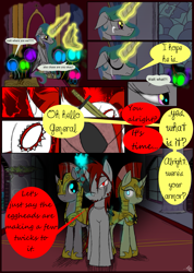 Size: 985x1385 | Tagged: safe, artist:didun850, derpibooru import, king sombra, princess celestia, oc, oc:mad dog, alicorn, pony, unicorn, comic:ask chase the pony, armor, ask, comic, eye scar, eyepatch, female, glowing eyes, helmet, hoof shoes, jewelry, mare, royal guard, scar, shadow pony, sitting, sword, throne, tiara, tumblr, weapon