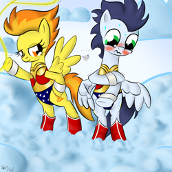 Size: 1000x1000 | Tagged: safe, artist:rodolfomushi, derpibooru import, soarin', spitfire, cosplay, crossdressing, wonder woman