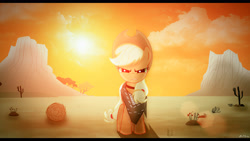 Size: 3415x1920 | Tagged: safe, artist:alkaa-wolf, artist:carge, applejack, earth pony, pony, appleloosa, desert, lens flare, sun, tree, tumbleweed, vector, wallpaper, western