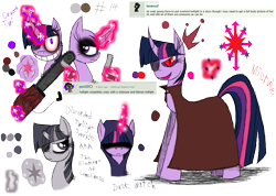 Size: 1385x985 | Tagged: safe, artist:didun850, derpibooru import, king sombra, twilight sparkle, unicorn twilight, pony, unicorn, assassin, bald, bust, chainsaw, cloak, clothes, corrupted twilight sparkle, crown, discorded, eyeliner, eyepatch, female, glowing horn, gun, hood, horn, jewelry, magic, makeup, male, mare, red eyes, regalia, simple background, slit eyes, sombra eyes, stallion, telekinesis, transparent background, weapon