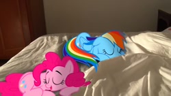 Size: 720x405 | Tagged: safe, artist:stormxf3, derpibooru import, pinkie pie, rainbow dash, pony, bed, bedroom, blanket, door, irl, photo, ponies in real life, sleeping