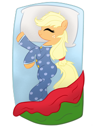 Size: 1536x2048 | Tagged: safe, artist:bratzoid, applejack, earth pony, pony, bed, blanket, clothes, cute, equestria girls outfit, eyes closed, footed sleeper, jackabetes, on side, pajamas, simple background, sleeping, smiling, solo, transparent background