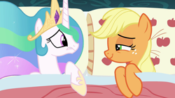 Size: 1280x720 | Tagged: safe, edit, edited screencap, screencap, applejack, princess celestia, alicorn, earth pony, pony, 28 pranks later, applejack's bed partner, bed, exploitable meme, lidded eyes, looking at each other, meme, pillow, smiling, surprised