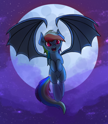 Size: 562x641 | Tagged: safe, artist:batsdisaster, artist:ponutabyss, derpibooru import, rainbow dash, bat pony, pony, bat ponified, colored sketch, fangs, female, full moon, mare, moon, race swap, rainbowbat