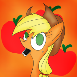 Size: 1024x1024 | Tagged: safe, artist:mr. rottson, applejack, earth pony, pony, eating, iphone, silly, silly pony, solo, who's a silly pony