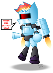 Size: 763x1048 | Tagged: safe, artist:aleximusprime, derpibooru import, rainbow dash, oc, oc:r-dash 5000, pegasus, pony, robot, .mov, crush kill destroy swag, hotdiggedydemon, jetpack, metal, pony.mov, r-dash 5000, shiny, solo, speech bubble