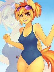 Size: 1200x1600 | Tagged: safe, artist:spittfireart, derpibooru import, spitfire, anthro, blushing, clothes, cute, cutefire, female, glasses, human facial structure, one-piece swimsuit, open mouth, school swimsuit, solo, swimsuit
