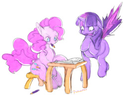 Size: 500x387 | Tagged: safe, artist:purochen, derpibooru import, pinkie pie, twilight sparkle, twilight sparkle (alicorn), alicorn, earth pony, pony, 30 minute art challenge, book, female, floppy ears, mare, mouth hold, open mouth, pencil, raised hoof, shocked, sitting, wide eyes