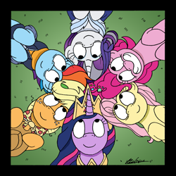 Size: 1923x1921 | Tagged: safe, artist:bobthedalek, derpibooru import, applejack, fluttershy, pinkie pie, princess twilight 2.0, rainbow dash, rarity, twilight sparkle, twilight sparkle (alicorn), alicorn, earth pony, pegasus, pony, unicorn, the last problem, clothes, crown, grass, jewelry, mane six, older, older applejack, older fluttershy, older pinkie pie, older rainbow dash, older rarity, older twilight, regalia