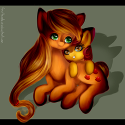 Size: 1300x1300 | Tagged: safe, artist:anuhanele, apple bloom, applejack, earth pony, pony, female, mare, simple background