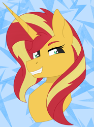 Size: 1423x1927 | Tagged: safe, artist:dyonys, derpibooru exclusive, sunset shimmer, pony, unicorn, bust, female, grin, mare, smiling