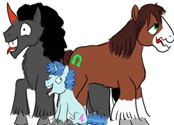 Size: 1057x756 | Tagged: safe, artist:horsesplease, derpibooru import, king sombra, party favor, trouble shoes, horse, pony, behaving like a dog, clydesdale, derp, doggie favor, drunk, drunken shoes, friesian horse, labradoodle, panting, sombra dog, tongue out
