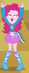 Size: 171x430 | Tagged: safe, screencap, pinkie pie, equestria girls, equestria girls (movie), clothes, cropped, female, great moments in animation, helping twilight win the crown, lidded eyes, mid-blink screencap, pony ears, raised arms, solo, wondercolts uniform