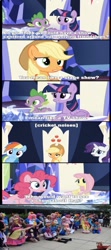 Size: 475x1072 | Tagged: safe, derpibooru import, edit, edited screencap, editor:undeadponysoldier, screencap, applejack, fluttershy, pinkie pie, rainbow dash, rarity, spike, twilight sparkle, twilight sparkle (alicorn), alicorn, dragon, earth pony, human, pegasus, pony, unicorn, breaking the fourth wall, brony, clothes, comic, cosplay, costume, cutie map, female, friendship throne, hat, irl, irl human, male, mane seven, mane six, mare, photo, screencap comic