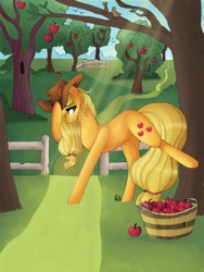 Size: 768x1024 | Tagged: safe, artist:pixelthepegasus, applejack, earth pony, pony, applebucking, female, mare, solo