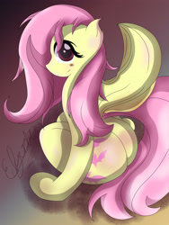 Size: 3216x4288 | Tagged: safe, artist:edgar2225, fluttershy, bat pony, pony, blushing, butt blush, cute, flutterbat, looking at you, plot, sitting, smiling, solo