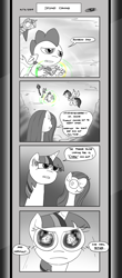 Size: 1451x3300 | Tagged: safe, artist:loreto-arts, derpibooru import, pinkie pie, rainbow dash, spike, twilight sparkle, dragon, earth pony, pegasus, pony, comic:friendship is innuendo, comic:friendship is innuendo vol. 2, comic, goddammit pinkie, monochrome, neo noir, partial color, pinkamena diane pie, scepter, twilight scepter, winged spike