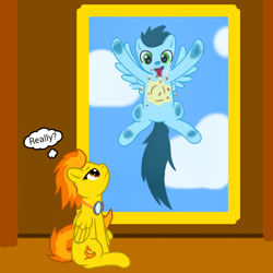 Size: 1000x1000 | Tagged: safe, artist:sky-sketch, derpibooru import, soarin', spitfire, against glass, cute, pie, sitting, soarinbetes, that pony sure does love pies, tongue out, window