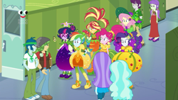 Size: 1280x720 | Tagged: safe, screencap, aqua blossom, captain planet, fluttershy, indigo wreath, paisley, pinkie pie, rainbow dash, rarity, sandalwood, sci-twi, starlight, sunset shimmer, twilight sparkle, better together, equestria girls, holidays unwrapped, background human, canterlot high, clothes, converse, cornucopia costumes, dress, female, glasses, hands in pockets, humane five, humane seven, humane six, inflatable, inflatable dress, lockers, male, o come all ye squashful, pants, plusplus, shoes, sneakers