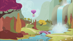 Size: 1920x1080 | Tagged: safe, screencap, pinkie pie, spike, dragon, earth pony, pony, fall weather friends, autumn, bridge, hill, hot air balloon, river, scenery, tree, twinkling balloon, waterfall