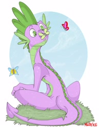 Size: 2549x3299 | Tagged: safe, artist:artistdragon, spike, butterfly, dragon, grass, high res, male, older, older spike, solo