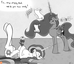 Size: 2746x2377 | Tagged: safe, artist:neko-me, princess celestia, princess luna, alicorn, pony, crossed hooves, dialogue, duo, ear fluff, eyes closed, flower, grayscale, horse taxes, legs in air, levitation, lidded eyes, magic, monochrome, on back, patreon, patreon logo, playing dead, quill, royal sisters, scroll, telekinesis, tongue out, unamused