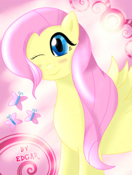 Size: 3216x4288 | Tagged: safe, artist:edgar2225, fluttershy, pegasus, pony, blushing, cute, looking at you, one eye closed, shyabetes, smiling, solo, wink