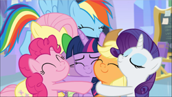 Size: 1669x940 | Tagged: safe, derpibooru import, screencap, applejack, fluttershy, pinkie pie, rainbow dash, rarity, spike, twilight sparkle, twilight sparkle (alicorn), alicorn, dragon, earth pony, pegasus, pony, unicorn, the ending of the end, :t, comforting, cropped, cute, eyes closed, female, group, group hug, hug, male, mane six, mare, smiling