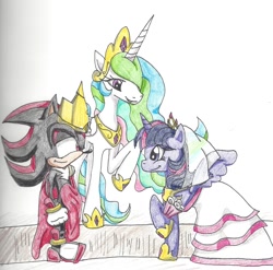 Size: 1000x989 | Tagged: safe, artist:cyrilsmith, princess celestia, twilight sparkle, twilight sparkle (alicorn), alicorn, pony, crossover, marriage, shadow the hedgehog, shadtwi, sonic the hedgehog (series), traditional art, wedding