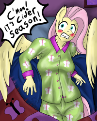 Size: 800x1000 | Tagged: safe, artist:rain-hatchett, fluttershy, anthro, the super speedy cider squeezy 6000, bed, blushing, clothes, implied rainbow dash, offscreen character, pajamas, scene interpretation, solo