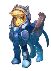 Size: 900x1234 | Tagged: safe, artist:electrixocket, applejack, earth pony, pony, armor, crossover, gun, looking at you, marine, powered exoskeleton, solo, starcraft, starcraft 2