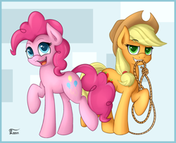 Size: 1600x1300 | Tagged: safe, artist:thunder chaser, applejack, pinkie pie, earth pony, pony, blonde mane, duo, female, mare, orange coat, pink coat, pink mane