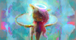 Size: 2287x1221 | Tagged: safe, artist:sharpieboss, fluttershy, pegasus, pony, eyes closed, halo, peaceful, raised hoof, solo