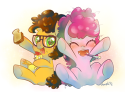 Size: 800x590 | Tagged: safe, artist:howzih, cheese sandwich, pinkie pie, earth pony, pony, colt, cute, diacheeses, diapinkes, filly, glasses, happy, weapons-grade cute, younger