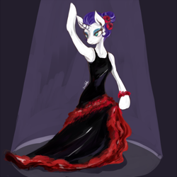 Size: 600x600 | Tagged: safe, artist:grimbloody, rarity, pony, unicorn, alternate hairstyle, arm hooves, armpits, clothes, dancing, dress, flamenco, flower, flower in hair, solo, spotlight