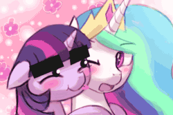 Size: 750x500 | Tagged: safe, artist:lumineko, edit, princess celestia, twilight sparkle, twilight sparkle (alicorn), alicorn, pony, animated, blushing, colored pupils, cute, derp, eyebrows, floppy ears, flower, gif, hug, licking, lumineko's nuzzling princesses, non-consensual nuzzling, nuzzling, one eye closed, open mouth, rubbing, smiling, snuggling, surprised, thick eyebrows, tongue out