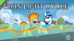 Size: 604x338 | Tagged: safe, derpibooru import, fast clip, lightning dust, manerick, spitfire, pegasus, pony, clothes, female, hat, image macro, male, mare, speed trail, stallion, sunglasses, tron, uniform