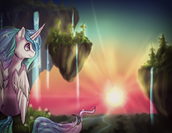 Size: 1448x1118 | Tagged: safe, artist:not-ordinary-pony, princess celestia, alicorn, pony, crepuscular rays, floating island, river, scenery, sitting, smiling, solo, sunset, twilight (astronomy), valley, waterfall