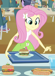 Size: 359x500 | Tagged: safe, screencap, fluttershy, equestria girls, burger, clothes, skirt, tanktop