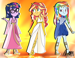 Size: 1300x1000 | Tagged: safe, artist:artmlpk, rainbow dash, sci-twi, sunset shimmer, twilight sparkle, equestria girls, alternate hairstyle, clothes, costume, cute, dashabetes, design, greek, greek mythology, shimmerbetes, twiabetes