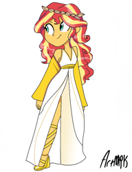 Size: 1000x1300 | Tagged: safe, artist:artmlpk, sunset shimmer, equestria girls, clothes, costume, cute, female, greek, shimmerbetes, simple background, solo, white background