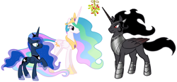 Size: 2086x975 | Tagged: safe, derpibooru import, edit, king sombra, princess celestia, princess luna, alicorn, pony, alicornified, alternate universe, armor, beautiful, bedroom eyes, celestibra, celumbra, christmas, covered cutie mark, crown, cutie mark, ethereal mane, female, flirting, good king sombra, handsome, hearth's warming, hidden cutie mark, holiday, hoof shoes, horn, implied celestibra, implied celumbra, implied lumbra, implied polyamory, implied shipping, jewelry, king sombra gets all the mares, large wings, long horn, looking at each other, lucky bastard, lumbra, majestic, male, mane, mare, mistleholly, ot3, peytral, polyamory, race swap, regal, regalia, romance, royal sisters, royalty, seduction, shipping, smiling, sombracorn, stallion, starry mane, straight, stupid sexy sombra, this will end in kisses, this will end in snu snu, trio, when he smiles, wings