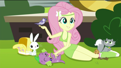 Size: 1920x1080 | Tagged: safe, edit, edited screencap, screencap, angel bunny, fluttershy, spike, spike the regular dog, bird, cat, dog, hamster, equestria girls, friendship games, belly button, boots, chickadee (bird), clothes, discovery family logo, headband, high heel boots, hippie, midriff, skirt, socks